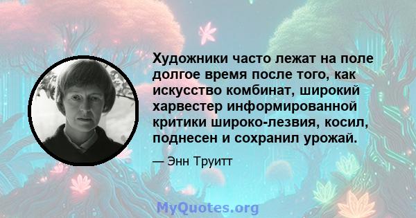 Художники часто лежат на поле долгое время после того, как искусство комбинат, широкий харвестер информированной критики широко-лезвия, косил, поднесен и сохранил урожай.