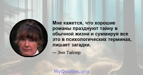 Мне кажется, что хорошие романы празднуют тайну в обычной жизни и суммируя все это в психологических терминах, лишает загадки.