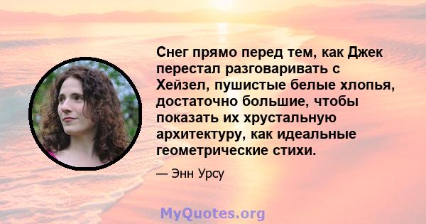 Снег прямо перед тем, как Джек перестал разговаривать с Хейзел, пушистые белые хлопья, достаточно большие, чтобы показать их хрустальную архитектуру, как идеальные геометрические стихи.