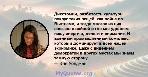 Дихотомии, разбитость культуры вокруг таких вещей, как война во Вьетнаме, и тогда многое из них связано с войной и где мы уделяем нашу энергию, деньги и внимание. И военный промышленный комплекс, который доминирует в