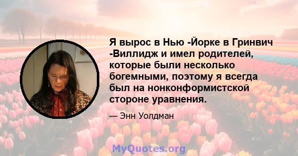 Я вырос в Нью -Йорке в Гринвич -Виллидж и имел родителей, которые были несколько богемными, поэтому я всегда был на нонконформистской стороне уравнения.