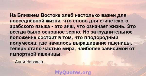 На Ближнем Востоке хлеб настолько важен для повседневной жизни, что слово для египетского арабского языка - это айш, что означает жизнь. Это всегда было основное зерно. Но затруднительное положение состоит в том, что