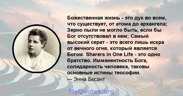 Божественная жизнь - это дух во всем, что существует, от атома до архангела; Зерно пыли не могло быть, если бы Бог отсутствовал в нем; Самый высокий серат - это всего лишь искра от вечного огня, который является Богом.