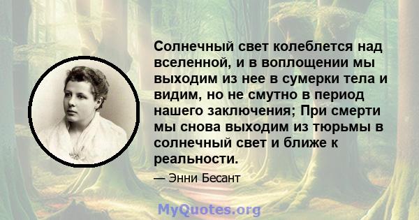 Солнечный свет колеблется над вселенной, и в воплощении мы выходим из нее в сумерки тела и видим, но не смутно в период нашего заключения; При смерти мы снова выходим из тюрьмы в солнечный свет и ближе к реальности.