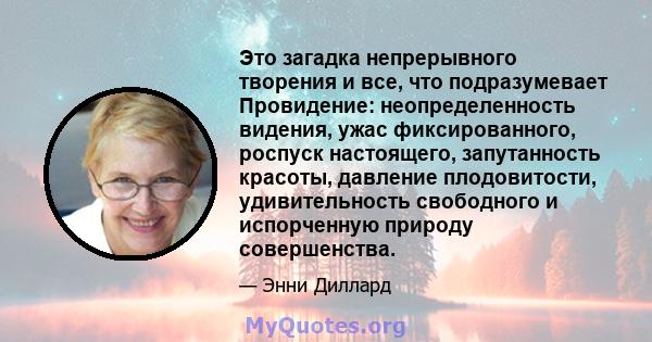 Это загадка непрерывного творения и все, что подразумевает Провидение: неопределенность видения, ужас фиксированного, роспуск настоящего, запутанность красоты, давление плодовитости, удивительность свободного и