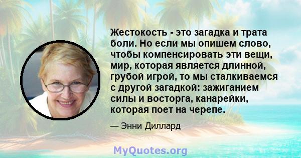 Жестокость - это загадка и трата боли. Но если мы опишем слово, чтобы компенсировать эти вещи, мир, которая является длинной, грубой игрой, то мы сталкиваемся с другой загадкой: зажиганием силы и восторга, канарейки,