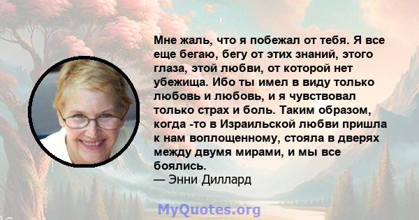 Мне жаль, что я побежал от тебя. Я все еще бегаю, бегу от этих знаний, этого глаза, этой любви, от которой нет убежища. Ибо ты имел в виду только любовь и любовь, и я чувствовал только страх и боль. Таким образом, когда 