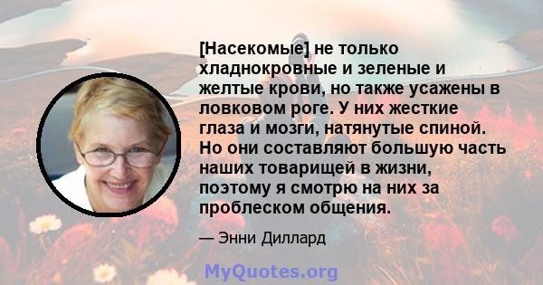 [Насекомые] не только хладнокровные и зеленые и желтые крови, но также усажены в ловковом роге. У них жесткие глаза и мозги, натянутые спиной. Но они составляют большую часть наших товарищей в жизни, поэтому я смотрю на 