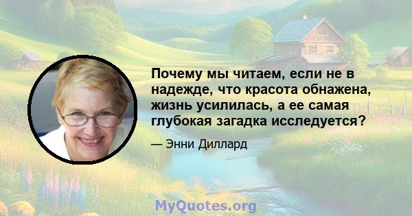 Почему мы читаем, если не в надежде, что красота обнажена, жизнь усилилась, а ее самая глубокая загадка исследуется?