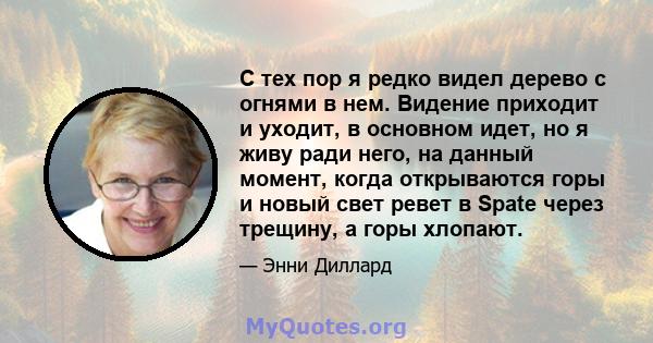 С тех пор я редко видел дерево с огнями в нем. Видение приходит и уходит, в основном идет, но я живу ради него, на данный момент, когда открываются горы и новый свет ревет в Spate через трещину, а горы хлопают.