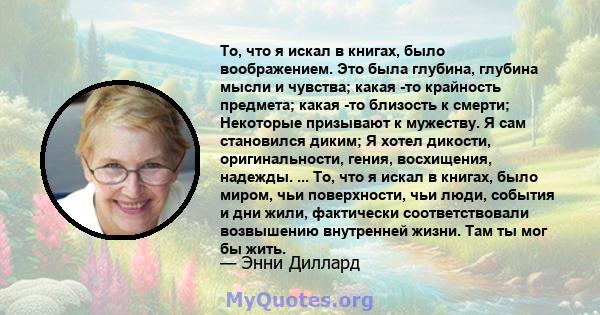 То, что я искал в книгах, было воображением. Это была глубина, глубина мысли и чувства; какая -то крайность предмета; какая -то близость к смерти; Некоторые призывают к мужеству. Я сам становился диким; Я хотел дикости, 