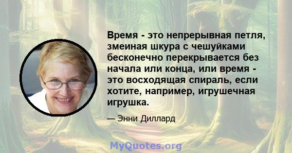 Время - это непрерывная петля, змеиная шкура с чешуйками бесконечно перекрывается без начала или конца, или время - это восходящая спираль, если хотите, например, игрушечная игрушка.