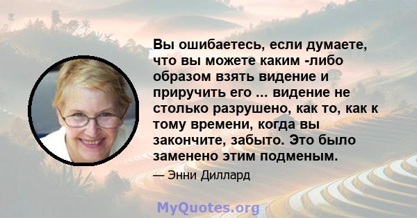 Вы ошибаетесь, если думаете, что вы можете каким -либо образом взять видение и приручить его ... видение не столько разрушено, как то, как к тому времени, когда вы закончите, забыто. Это было заменено этим подменым.