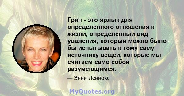 Грин - это ярлык для определенного отношения к жизни, определенный вид уважения, который можно было бы испытывать к тому саму источнику вещей, которые мы считаем само собой разумеющимся.