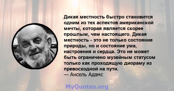 Дикая местность быстро становится одним из тех аспектов американской мечты, которая является скорее прошлым, чем настоящего. Дикая местность - это не только состояние природы, но и состояние ума, настроения и сердца.