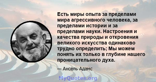 Есть миры опыта за пределами мира агрессивного человека, за пределами истории и за пределами науки. Настроения и качества природы и откровения великого искусства одинаково трудно определить; Мы можем понять их только в