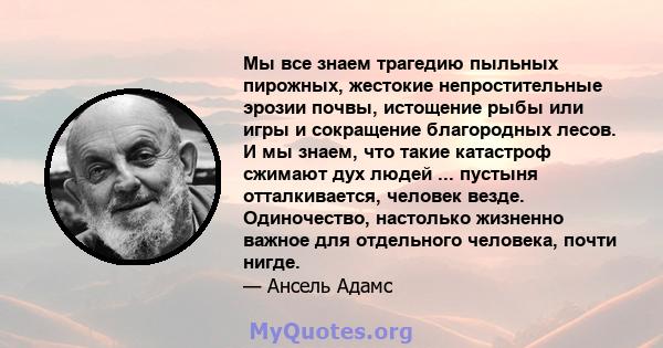 Мы все знаем трагедию пыльных пирожных, жестокие непростительные эрозии почвы, истощение рыбы или игры и сокращение благородных лесов. И мы знаем, что такие катастроф сжимают дух людей ... пустыня отталкивается, человек 