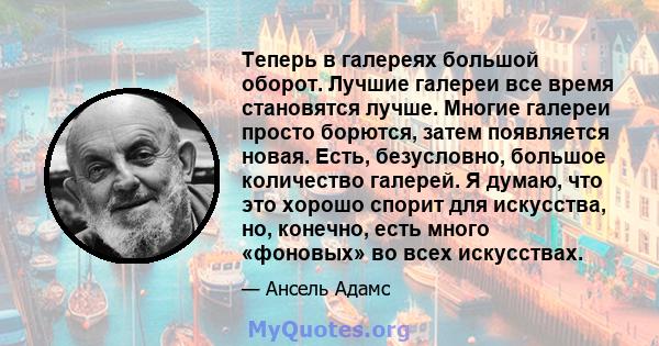 Теперь в галереях большой оборот. Лучшие галереи все время становятся лучше. Многие галереи просто борются, затем появляется новая. Есть, безусловно, большое количество галерей. Я думаю, что это хорошо спорит для