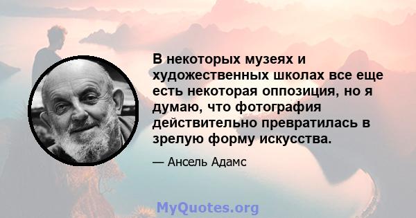 В некоторых музеях и художественных школах все еще есть некоторая оппозиция, но я думаю, что фотография действительно превратилась в зрелую форму искусства.