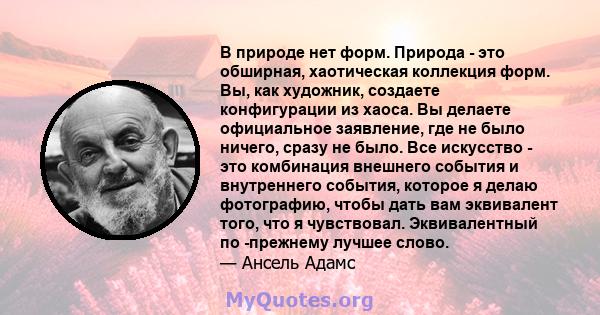 В природе нет форм. Природа - это обширная, хаотическая коллекция форм. Вы, как художник, создаете конфигурации из хаоса. Вы делаете официальное заявление, где не было ничего, сразу не было. Все искусство - это