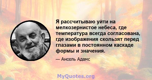 Я рассчитываю уйти на мелкозернистое небеса, где температура всегда согласована, где изображения скользят перед глазами в постоянном каскаде формы и значения.