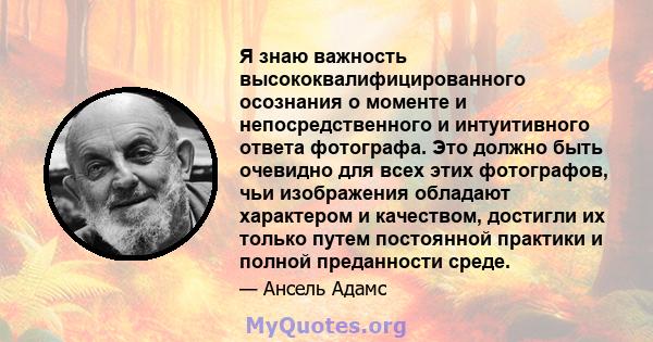 Я знаю важность высококвалифицированного осознания о моменте и непосредственного и интуитивного ответа фотографа. Это должно быть очевидно для всех этих фотографов, чьи изображения обладают характером и качеством,