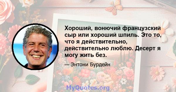 Хороший, вонючий французский сыр или хороший шпиль. Это то, что я действительно, действительно люблю. Десерт я могу жить без.