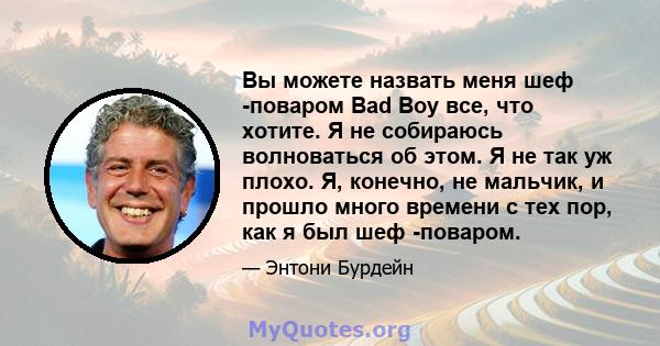 Вы можете назвать меня шеф -поваром Bad Boy все, что хотите. Я не собираюсь волноваться об этом. Я не так уж плохо. Я, конечно, не мальчик, и прошло много времени с тех пор, как я был шеф -поваром.