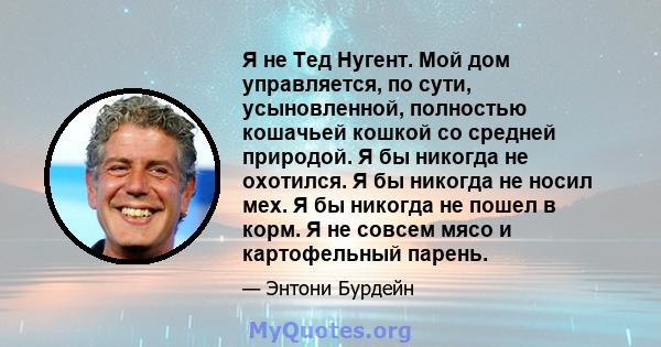 Я не Тед Нугент. Мой дом управляется, по сути, усыновленной, полностью кошачьей кошкой со средней природой. Я бы никогда не охотился. Я бы никогда не носил мех. Я бы никогда не пошел в корм. Я не совсем мясо и