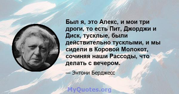 Был я, это Алекс, и мои три дроги, то есть Пит, Джорджи и Диск, тусклые, были действительно тусклыми, и мы сидели в Коровой Молокот, сочиняя наши Рассоды, что делать с вечером.