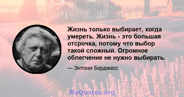 Жизнь только выбирает, когда умереть. Жизнь - это большая отсрочка, потому что выбор такой сложный. Огромное облегчение не нужно выбирать.