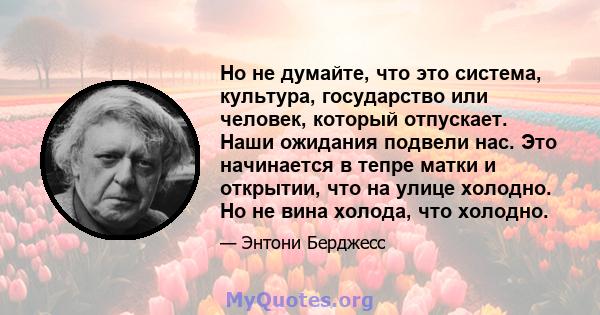 Но не думайте, что это система, культура, государство или человек, который отпускает. Наши ожидания подвели нас. Это начинается в тепре матки и открытии, что на улице холодно. Но не вина холода, что холодно.