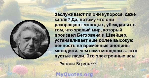 Заслуживают ли они купороза, даже капля? Да, потому что они развращают молодых, убеждая их в том, что зрелый мир, который произвел Бетховена и Швейцер, устанавливает еще более высокую ценность на временные анодины