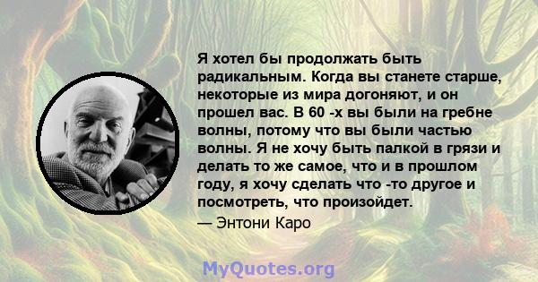 Я хотел бы продолжать быть радикальным. Когда вы станете старше, некоторые из мира догоняют, и он прошел вас. В 60 -х вы были на гребне волны, потому что вы были частью волны. Я не хочу быть палкой в ​​грязи и делать то 