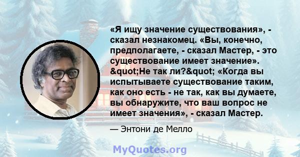 «Я ищу значение существования», - сказал незнакомец. «Вы, конечно, предполагаете, - сказал Мастер, - это существование имеет значение». "Не так ли?" «Когда вы испытываете существование таким, как оно есть - не 