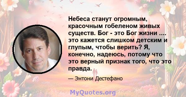 Небеса станут огромным, красочным гобеленом живых существ. Бог - это Бог жизни .... это кажется слишком детским и глупым, чтобы верить? Я, конечно, надеюсь, потому что это верный признак того, что это правда.