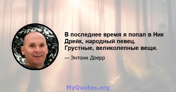 В последнее время я попал в Ник Дрейк, народный певец. Грустные, великолепные вещи.