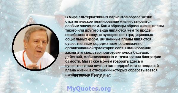 В мире альтернативных вариантов образа жизни стратегическое планирование жизни становится особым значением. Как и образцы образа жизни, планы такого или другого вида являются чем-то вроде неизбежного сопутствующего