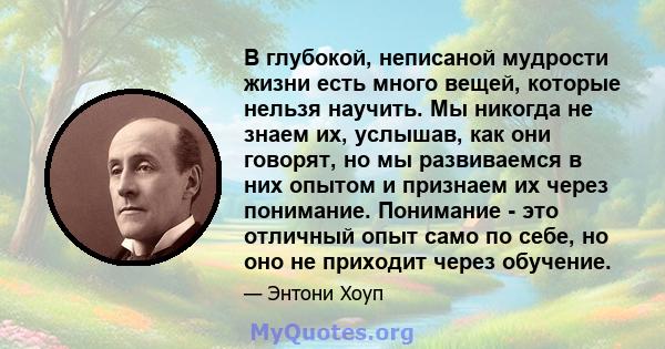 В глубокой, неписаной мудрости жизни есть много вещей, которые нельзя научить. Мы никогда не знаем их, услышав, как они говорят, но мы развиваемся в них опытом и признаем их через понимание. Понимание - это отличный