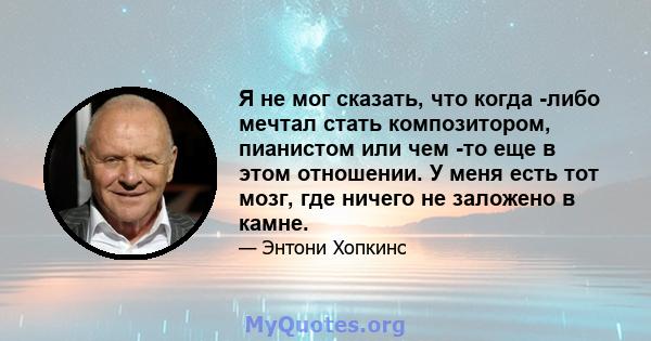 Я не мог сказать, что когда -либо мечтал стать композитором, пианистом или чем -то еще в этом отношении. У меня есть тот мозг, где ничего не заложено в камне.