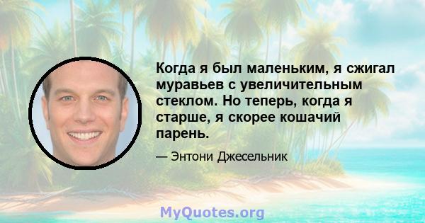 Когда я был маленьким, я сжигал муравьев с увеличительным стеклом. Но теперь, когда я старше, я скорее кошачий парень.