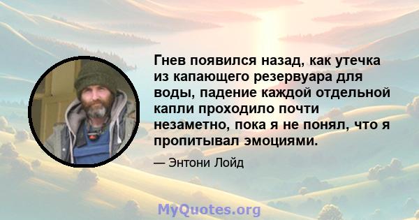 Гнев появился назад, как утечка из капающего резервуара для воды, падение каждой отдельной капли проходило почти незаметно, пока я не понял, что я пропитывал эмоциями.