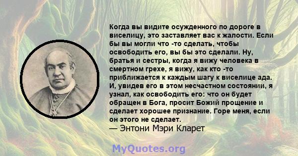 Когда вы видите осужденного по дороге в виселицу, это заставляет вас к жалости. Если бы вы могли что -то сделать, чтобы освободить его, вы бы это сделали. Ну, братья и сестры, когда я вижу человека в смертном грехе, я