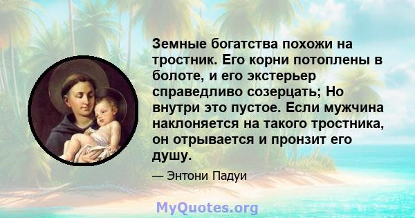 Земные богатства похожи на тростник. Его корни потоплены в болоте, и его экстерьер справедливо созерцать; Но внутри это пустое. Если мужчина наклоняется на такого тростника, он отрывается и пронзит его душу.