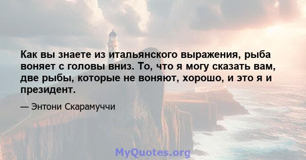 Как вы знаете из итальянского выражения, рыба воняет с головы вниз. То, что я могу сказать вам, две рыбы, которые не воняют, хорошо, и это я и президент.