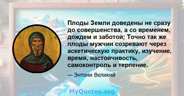 Плоды Земли доведены не сразу до совершенства, а со временем, дождем и заботой; Точно так же плоды мужчин созревают через аскетическую практику, изучение, время, настойчивость, самоконтроль и терпение.