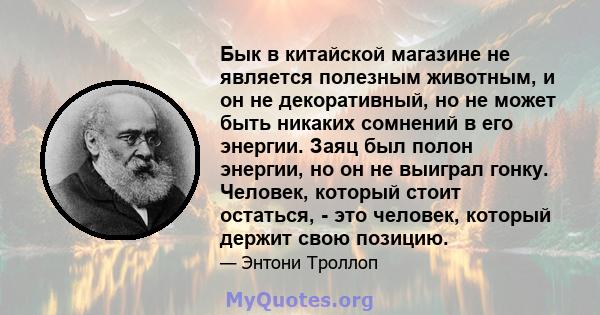 Бык в китайской магазине не является полезным животным, и он не декоративный, но не может быть никаких сомнений в его энергии. Заяц был полон энергии, но он не выиграл гонку. Человек, который стоит остаться, - это