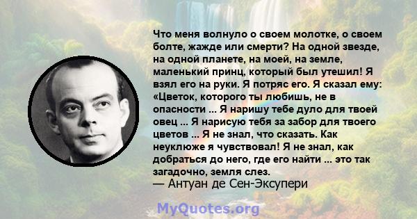 Что меня волнуло о своем молотке, о своем болте, жажде или смерти? На одной звезде, на одной планете, на моей, на земле, маленький принц, который был утешил! Я взял его на руки. Я потряс его. Я сказал ему: «Цветок,