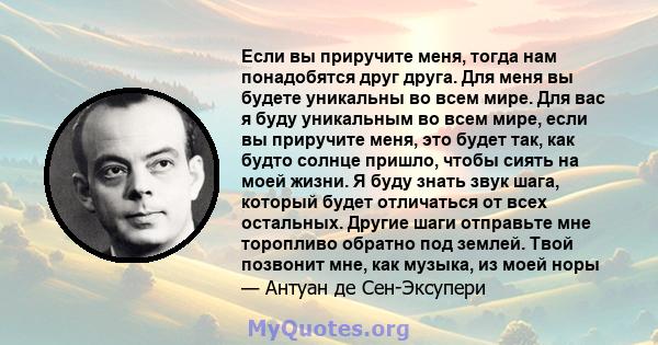 Если вы приручите меня, тогда нам понадобятся друг друга. Для меня вы будете уникальны во всем мире. Для вас я буду уникальным во всем мире, если вы приручите меня, это будет так, как будто солнце пришло, чтобы сиять на 