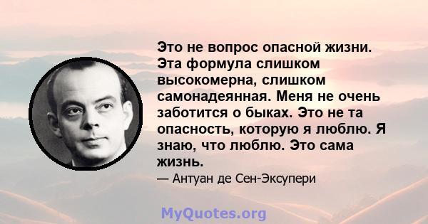 Это не вопрос опасной жизни. Эта формула слишком высокомерна, слишком самонадеянная. Меня не очень заботится о быках. Это не та опасность, которую я люблю. Я знаю, что люблю. Это сама жизнь.